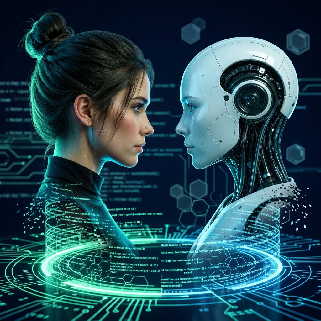 Mulher e robô humanoide frente a frente emergindo de um projetor holográfico de código, simbolizando criatividade humana e inteligência artificial